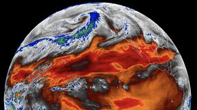Zoomed out satellite image of an atmospheric river in the northern Pacific Ocean.“width=