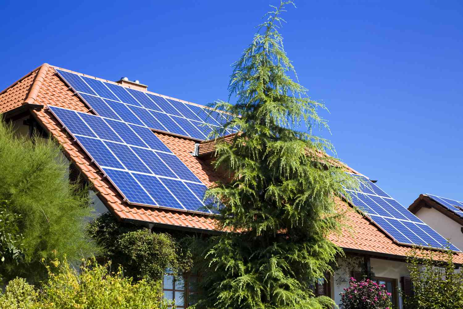 房子急剧倾斜的赤褐色的屋顶覆盖着太阳能电池板的数组与树木和灌木环绕它”class=