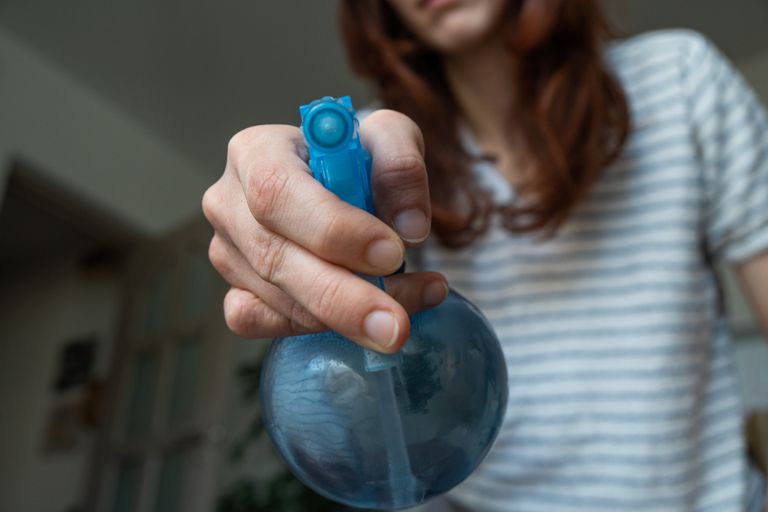 虫子眼中的女人拿着蓝色喷雾瓶，直接瞄准虫子/相机
