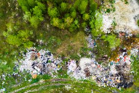 森林中垃圾场或垃圾填埋场的鸟瞰图。污染概念，最高视图。