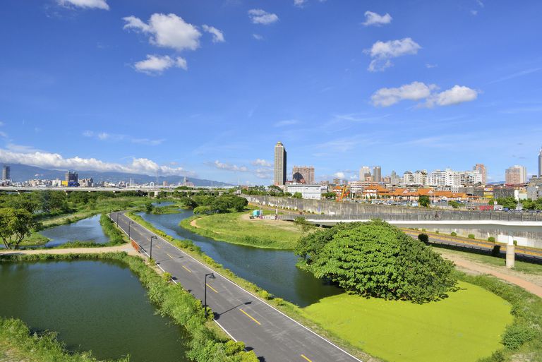 在一个城市地区建造的湿地的鸟瞰图。“class=