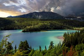 云天，由针叶林和山环绕的青绿色湖泊
