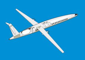 在蓝色背景上的狭窄，氢能的涡轮螺旋桨飞机的图。“width=