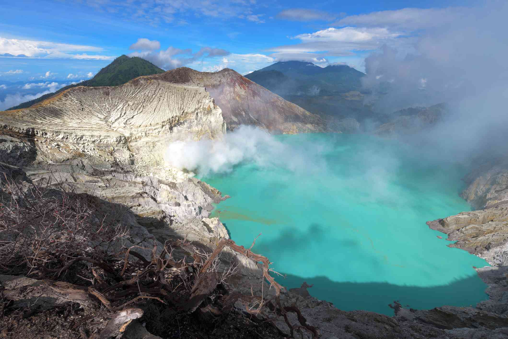 卡瓦伊真火山口湖的顶视图，蓝绿色的水和死树作为前景