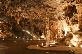 中果洞窟的王座大厅，钟乳石从天花板上垂下，在一个大而开放的洞穴空间中＂width=