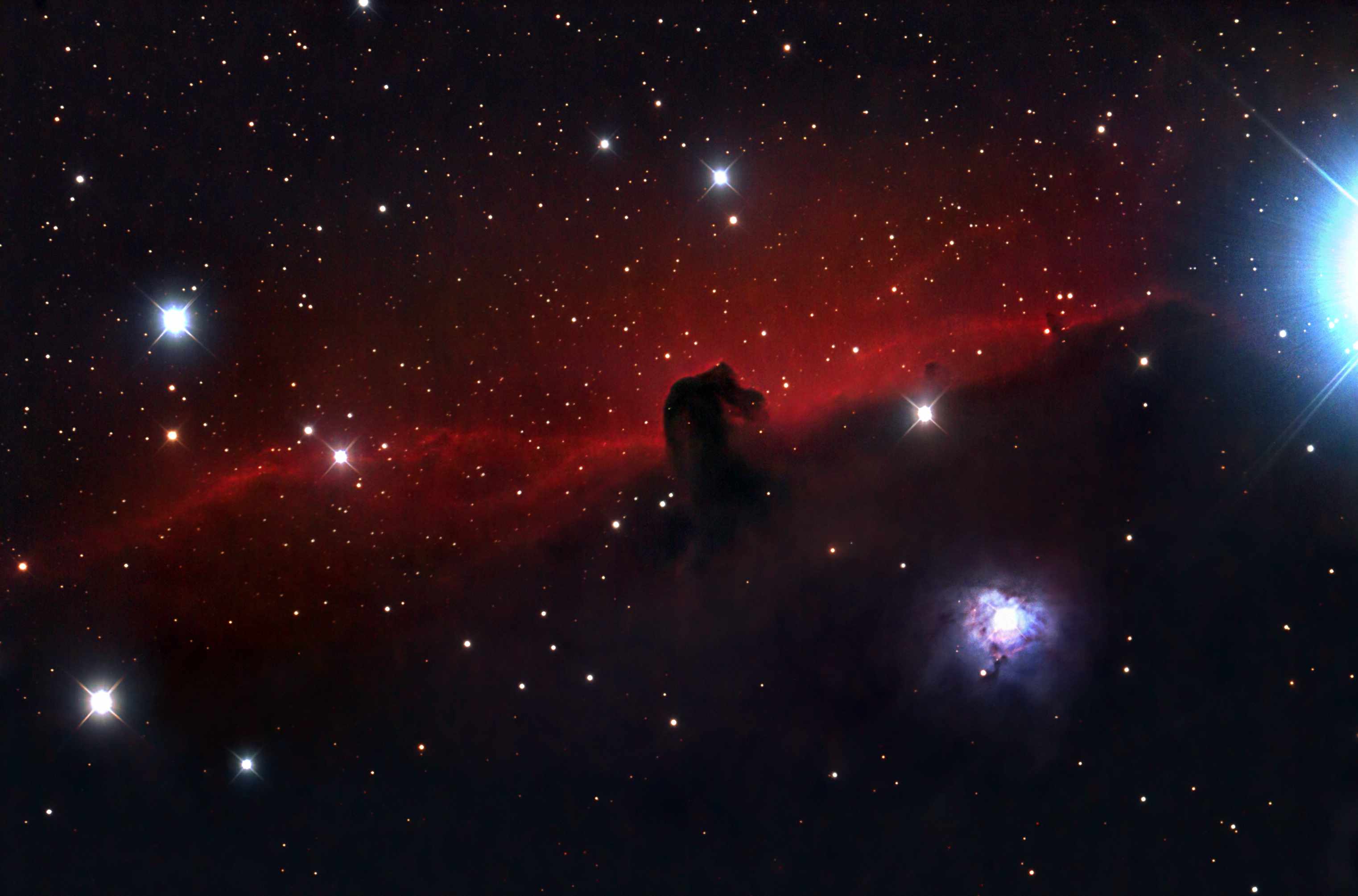 旋涡状的黑色尘埃和气体，形状像马头，背景是红色的天空，周围是年轻恒星的明亮白光