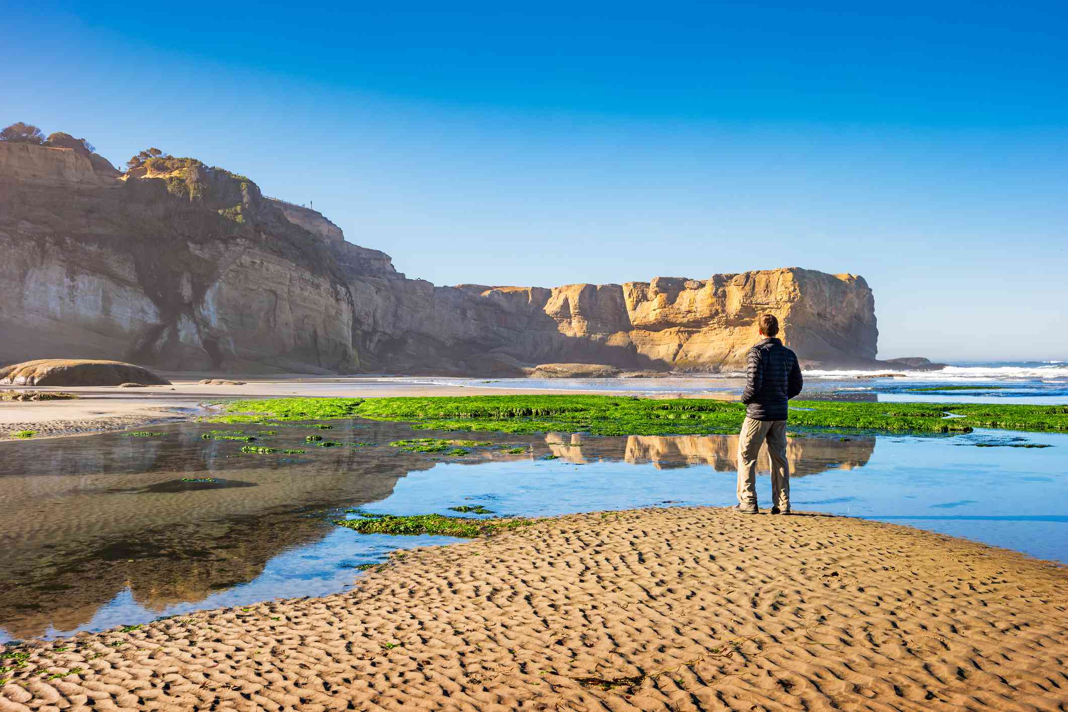 俄勒冈州浸水海滩上的徒步旅行者，望着悬崖＂width=