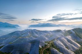 一座宏伟的太阳能发电站坐落在雾蒙蒙的山顶上