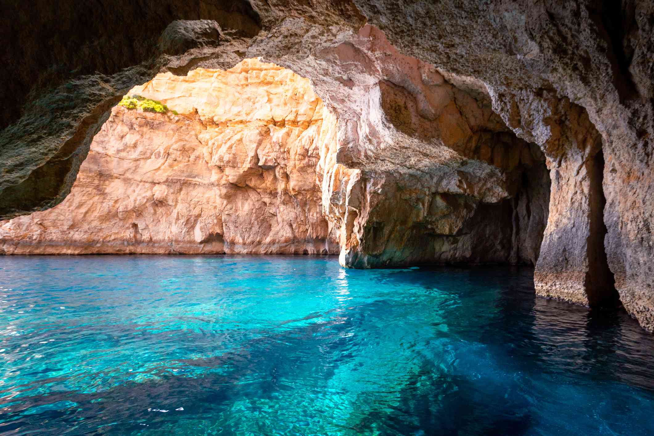 马耳他蓝色格罗托的洞穴内部的生物发光水“width=