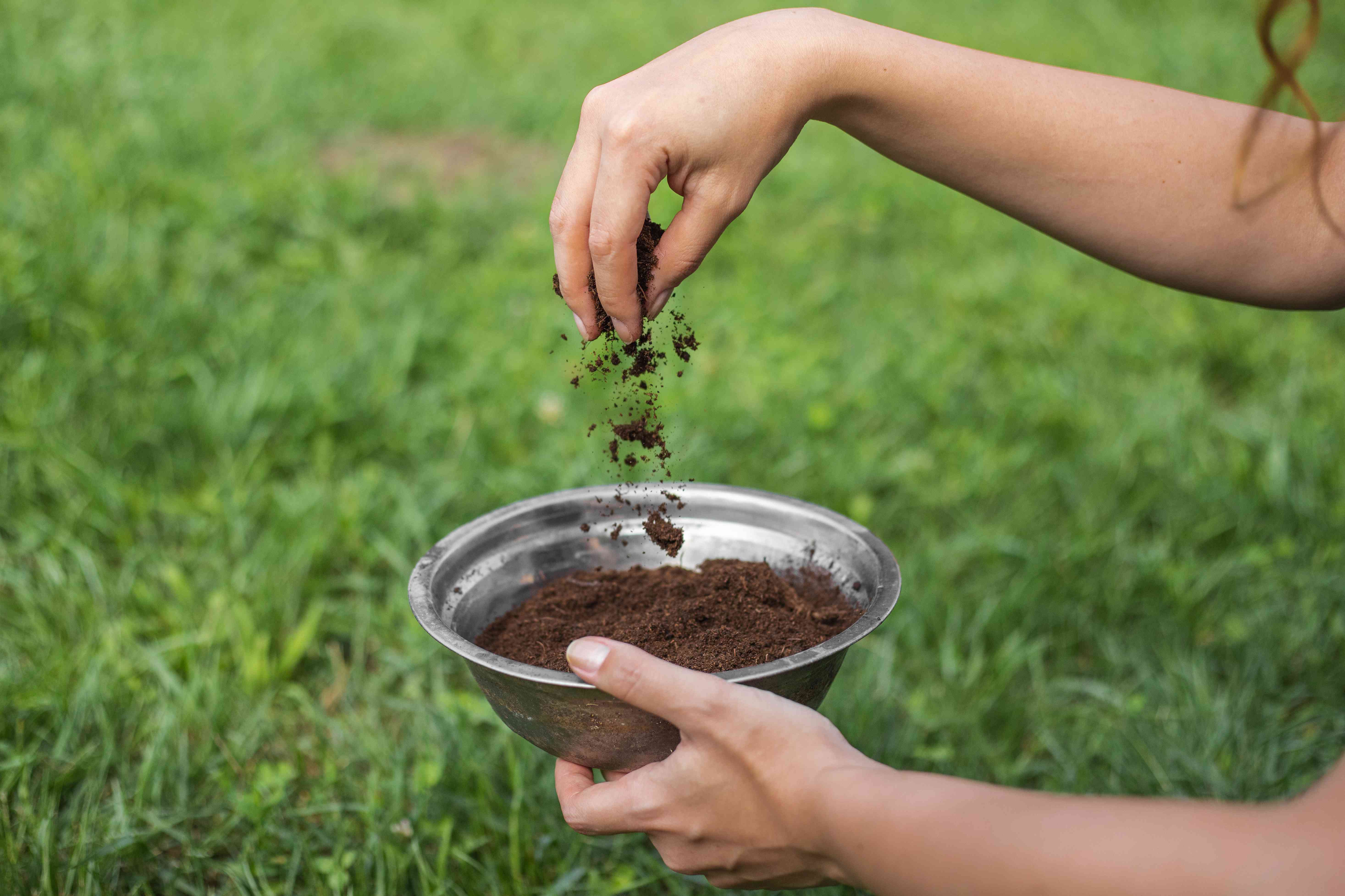 woman holds stainless steel bowl of compost dirt with one hand and sprinkles dirt with other