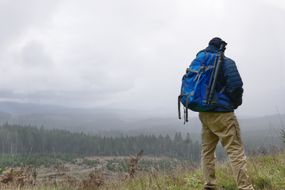 背着背包的人在户外远足时停下来看山景＂width=