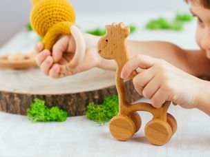 小孩子玩玩具和木制的动物玩具