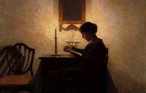 烛光下阅读的女人(1908)。彼得·伊尔斯特德(丹麦人，1861-1933)＂width=