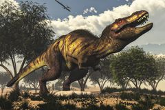 大齿恐龙的插图，可能是霸王的霸王雷克斯，站在鸡蛋巢上，似乎可以防御巢穴