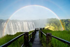 A rainbow hovers over a waterfall on a clear day.“width=