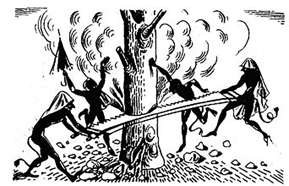 插图描绘kallikantzaroi是长着长尾巴的黑色小妖精，正在锯着世界树