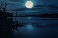 晚上的月亮在湖上。