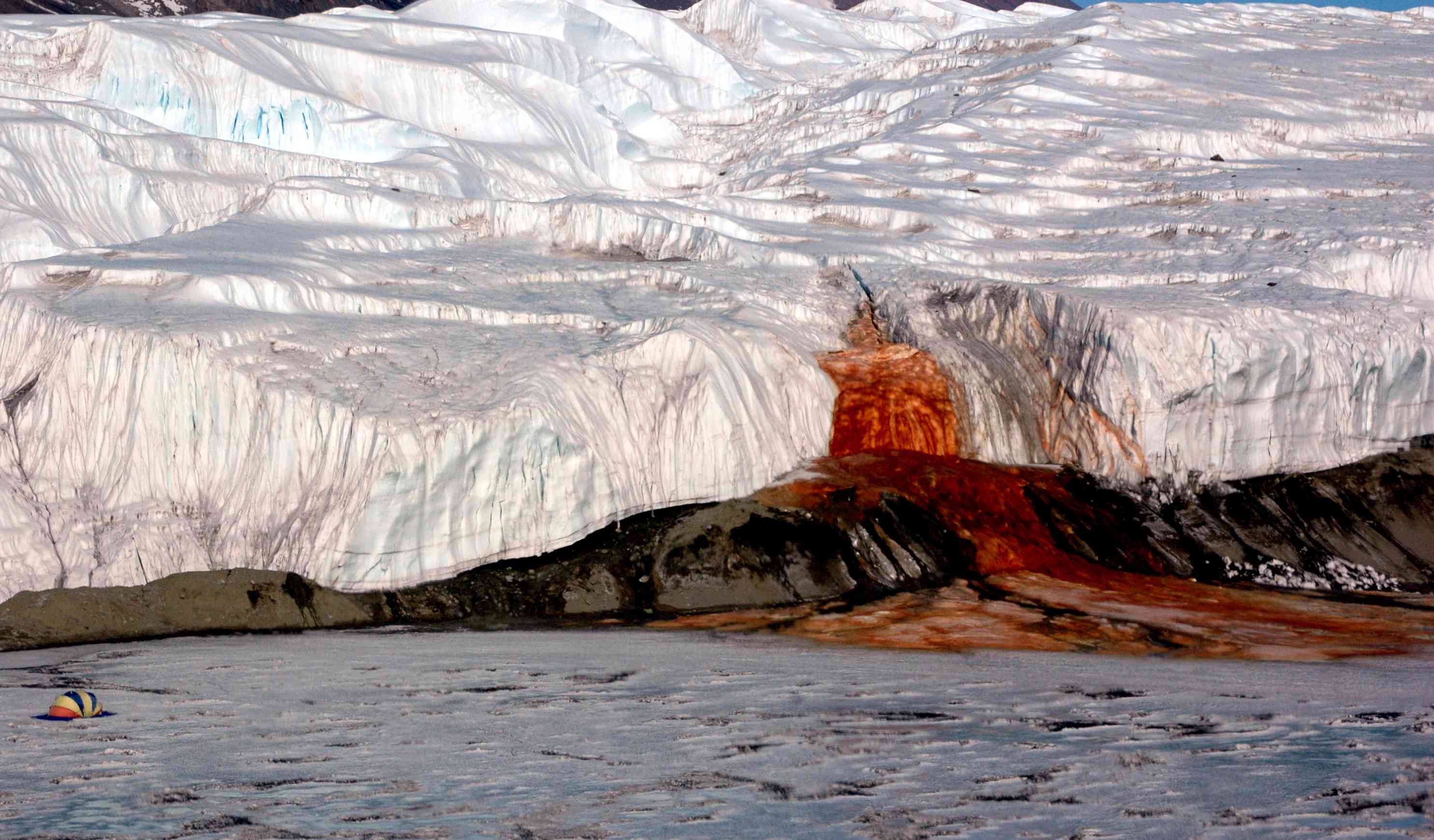 一个巨大的白色冰川，下面流淌着鲜血，红色的铁氧化水流入大海＂width=