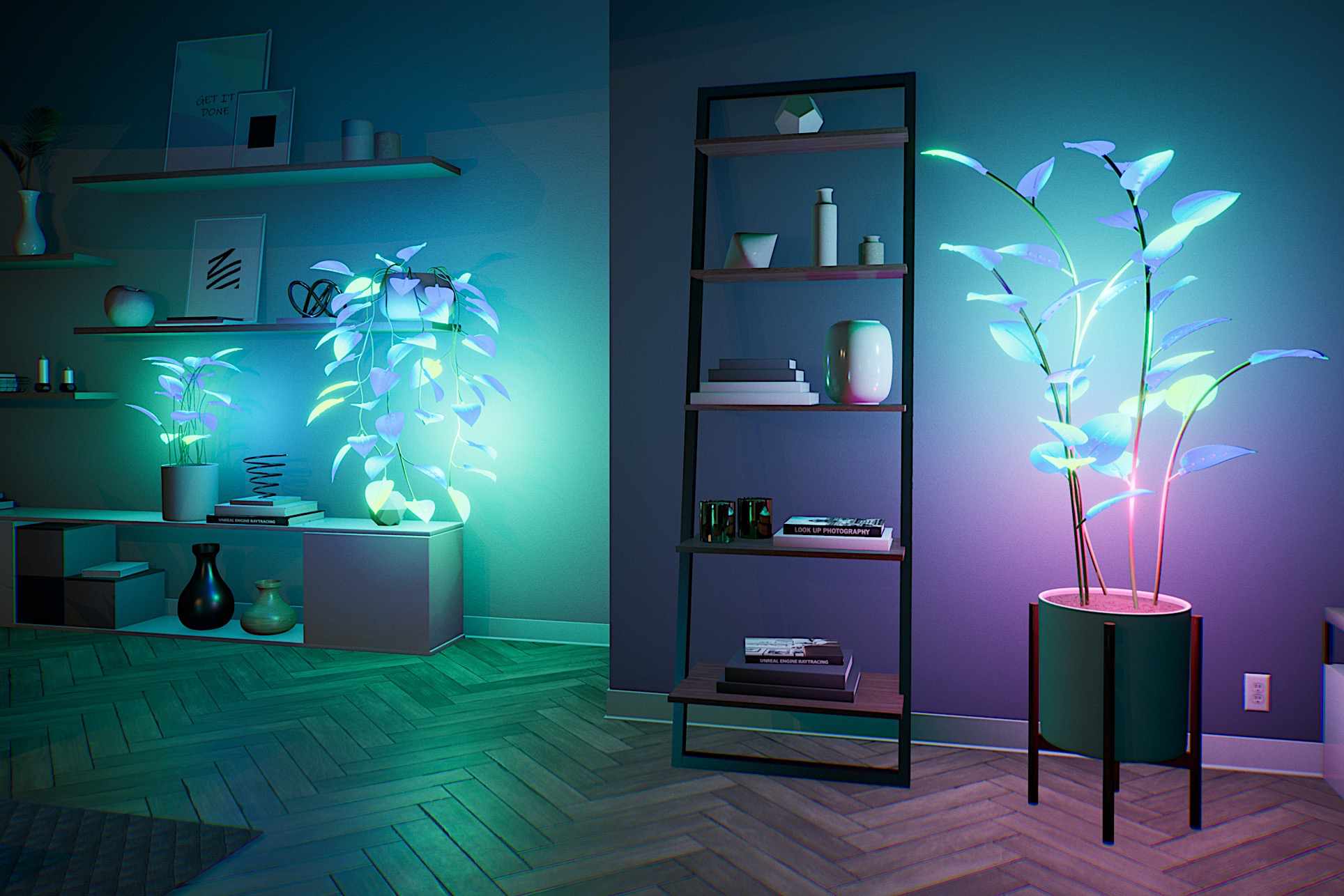 一个带有LED室内植物灯的房间模型。＂width=