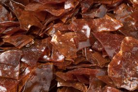 Pile of glossy brown shellac flakes