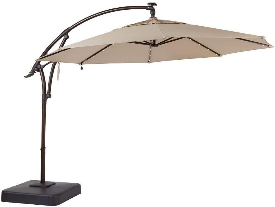 Hampton Bay 11 ft. Aluminum Cantilever Solar LED Offset Outdoor Patio Umbrella in Putty Tan