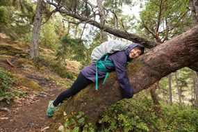 背着背包的女子徒步旅行者在森林里俯下身去抱树＂width=