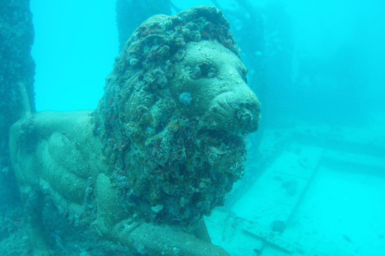 狮子雕像躺在海底，前面是其他无法辨别的物体