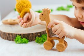 小孩子玩玩具和木制的动物玩具