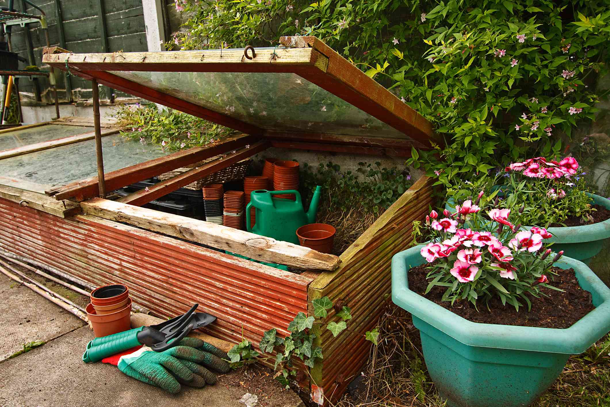 Gardening equipment in a cold frame.