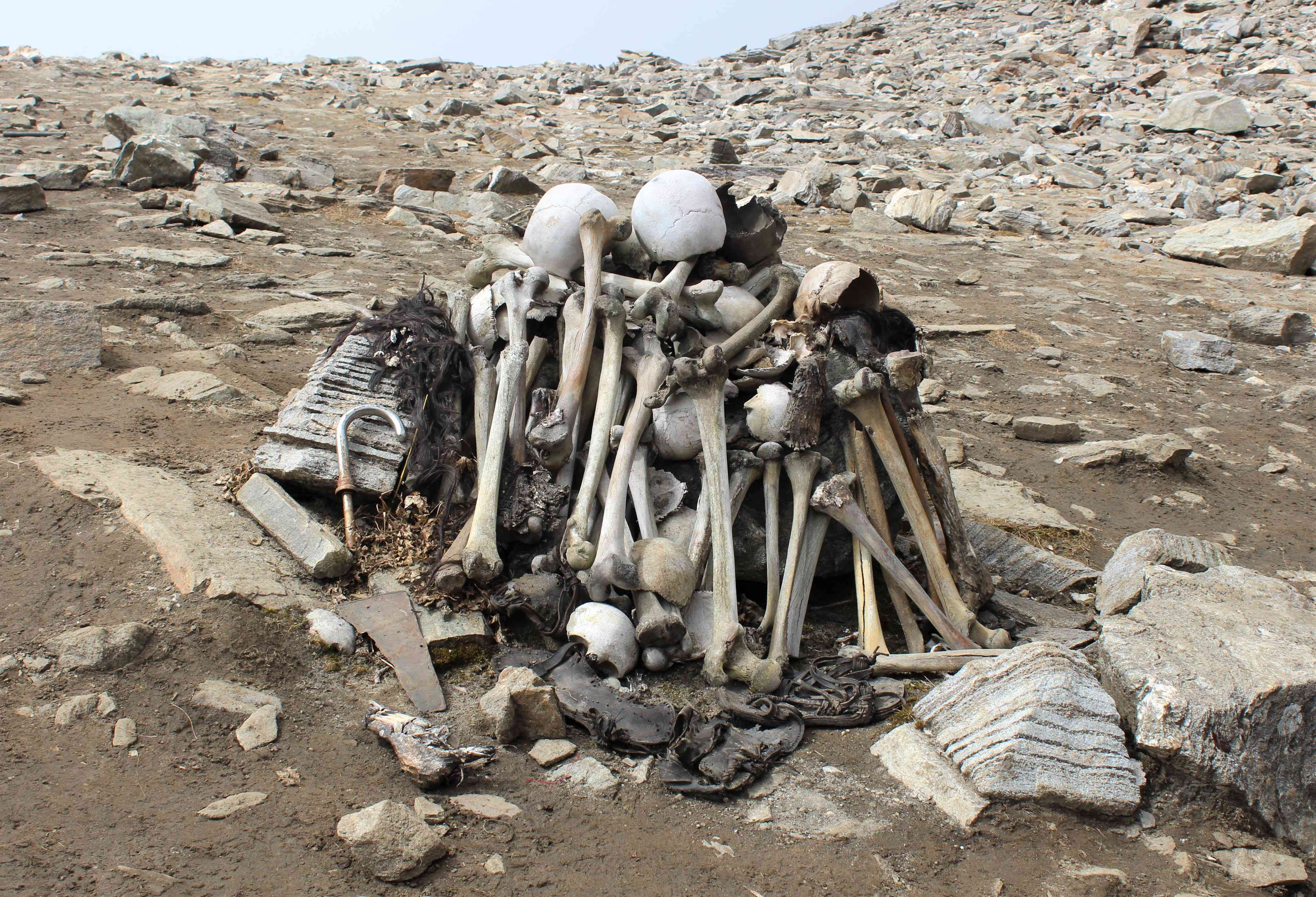 人的骨头在Roopkund湖,湖骨架