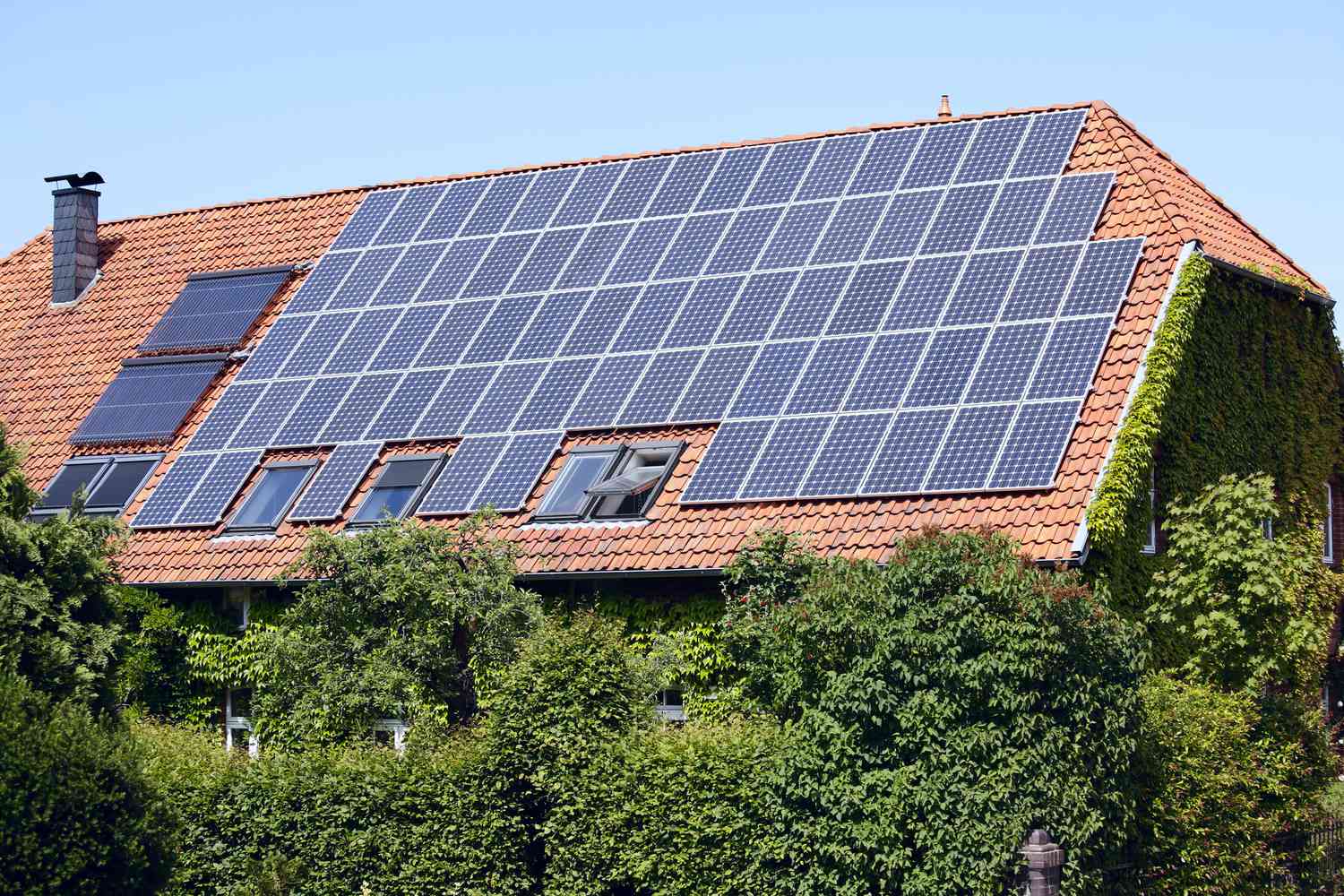 被绿色植物包围的房屋屋顶上的太阳能电池板。