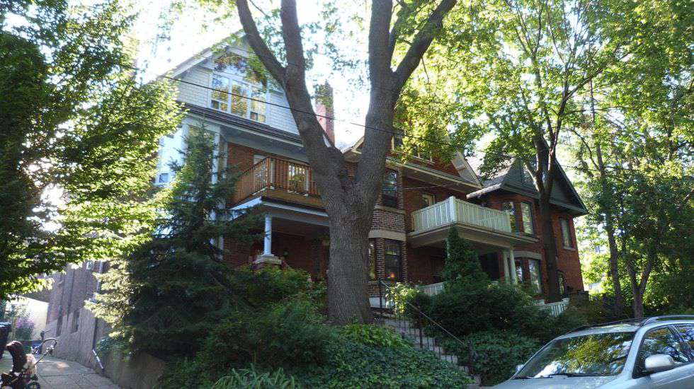 多层棕色房子的街景，前面有一棵大树和绿色植物