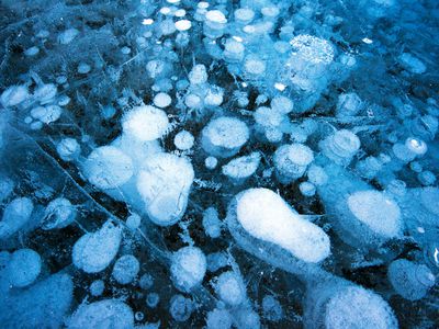 从湖泊沉积物甲烷气泡被困在冰