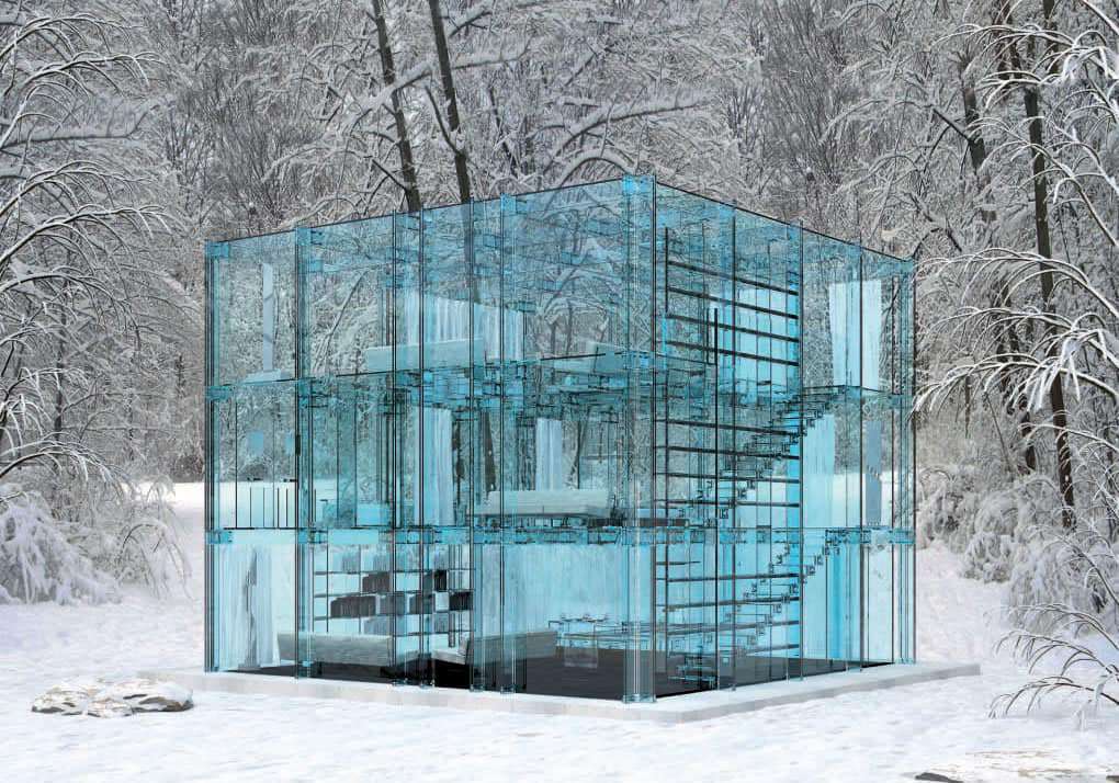 所有玻璃房子里下雪的森林由米兰设计师的蓝色调