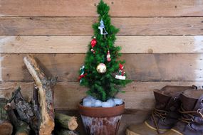 在柴火旁边有装饰品的活的小圣诞树