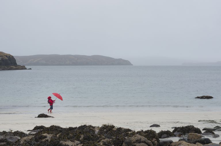 带伞的人在多风的海滩，斯凯岛，苏格兰”class=