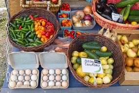 户外农贸市场出售的鲜亮蔬菜，包括黄瓜和鸡蛋