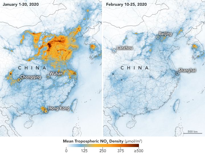 二氧化氮是一种与工业有关的微量气体，在中国冠状病毒封锁前后的水平。
