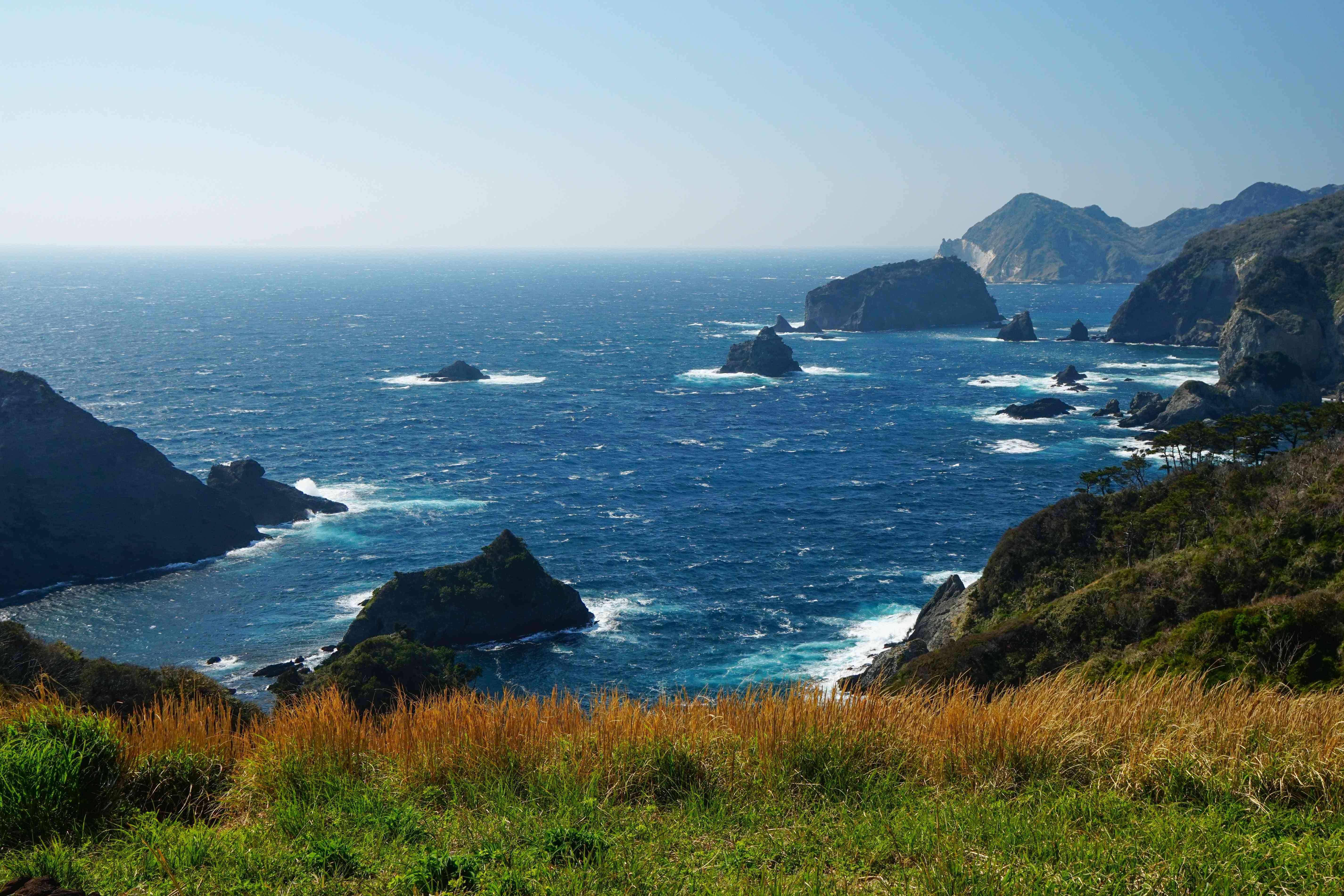 海岸线上有绿色的草和岩石，背景是深蓝色的海水