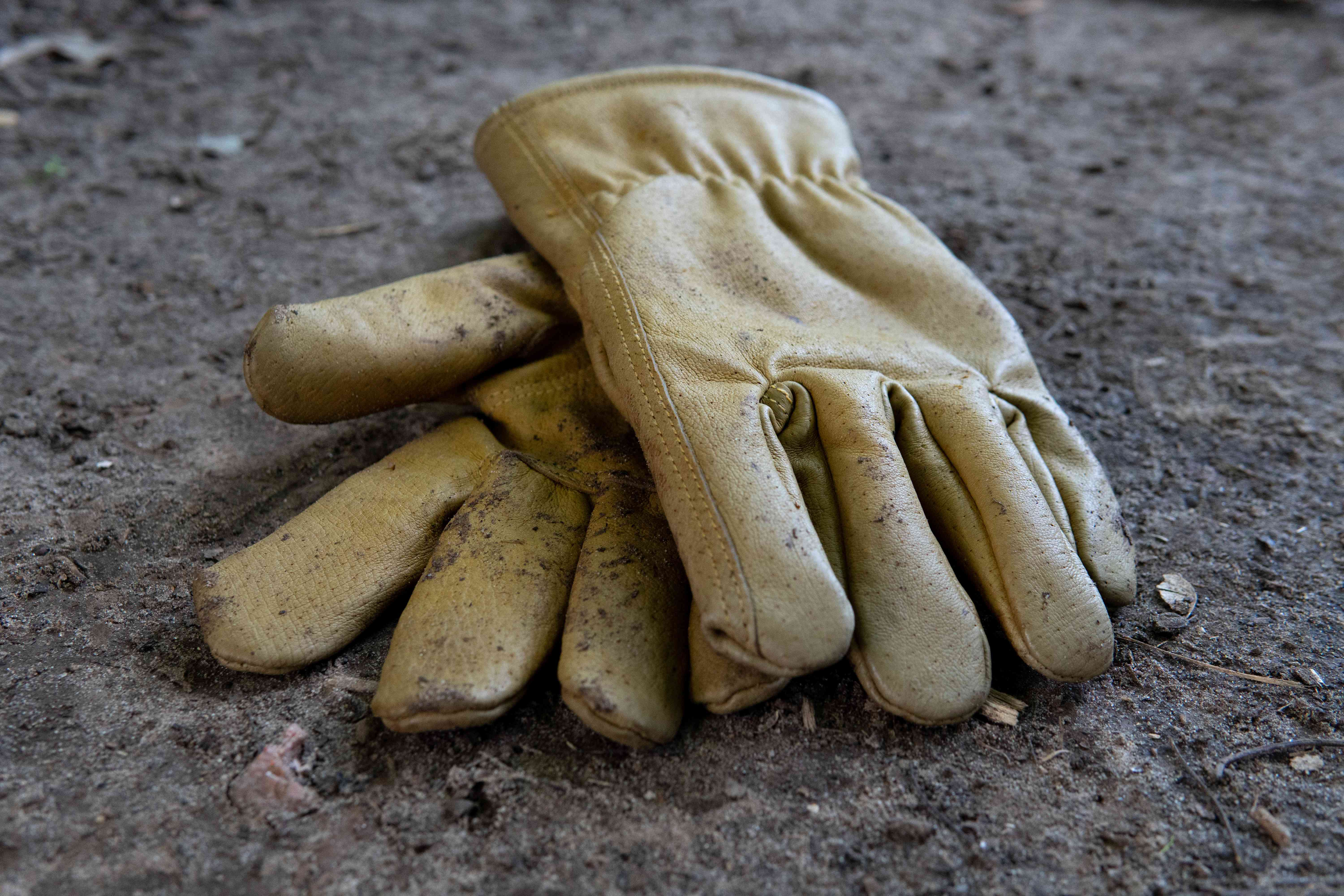 风化的皮革手套在泥土地板上