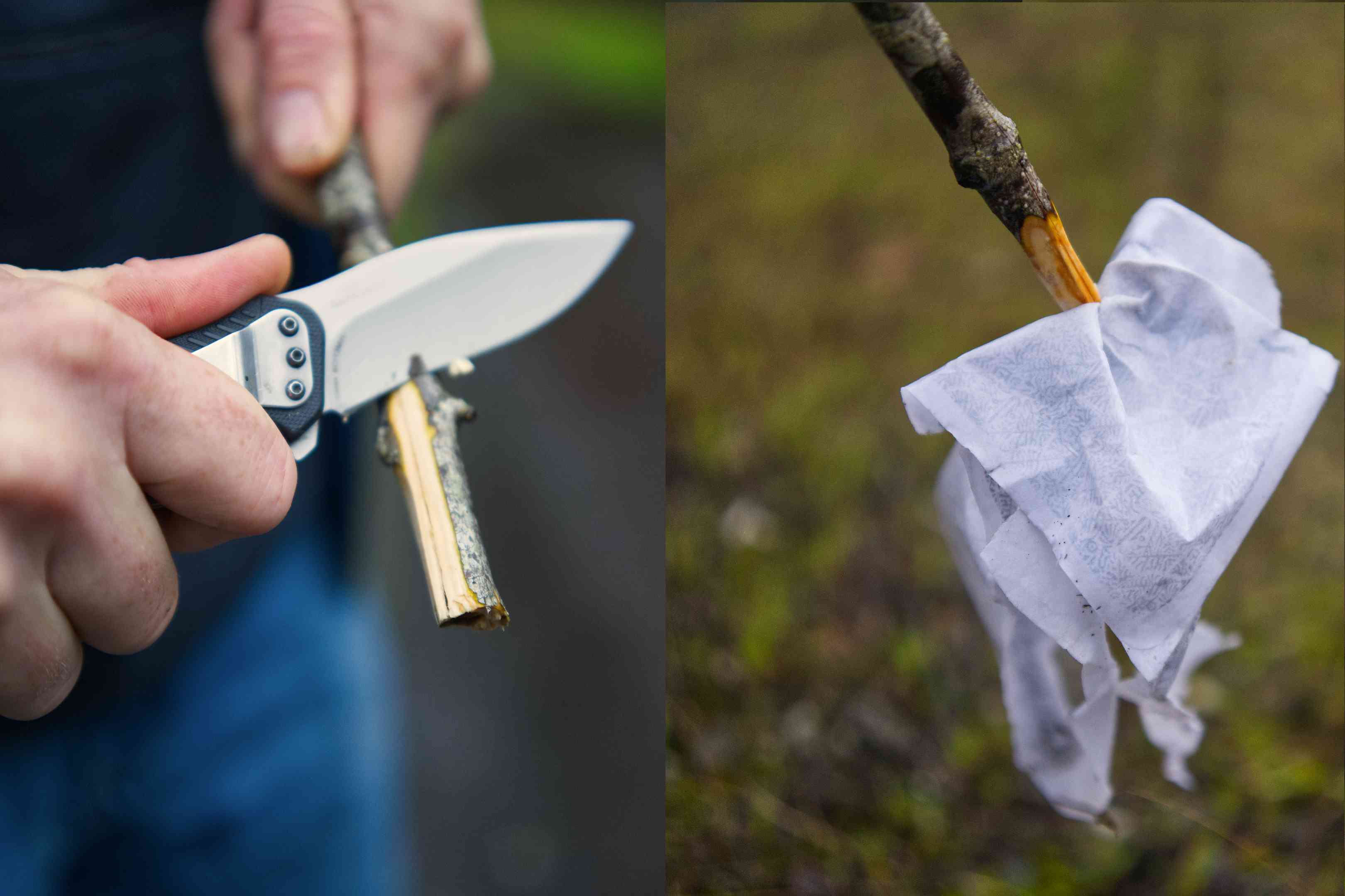 男人用刀尖锐棍子捡起垃圾，包括树林中的厕纸“width=