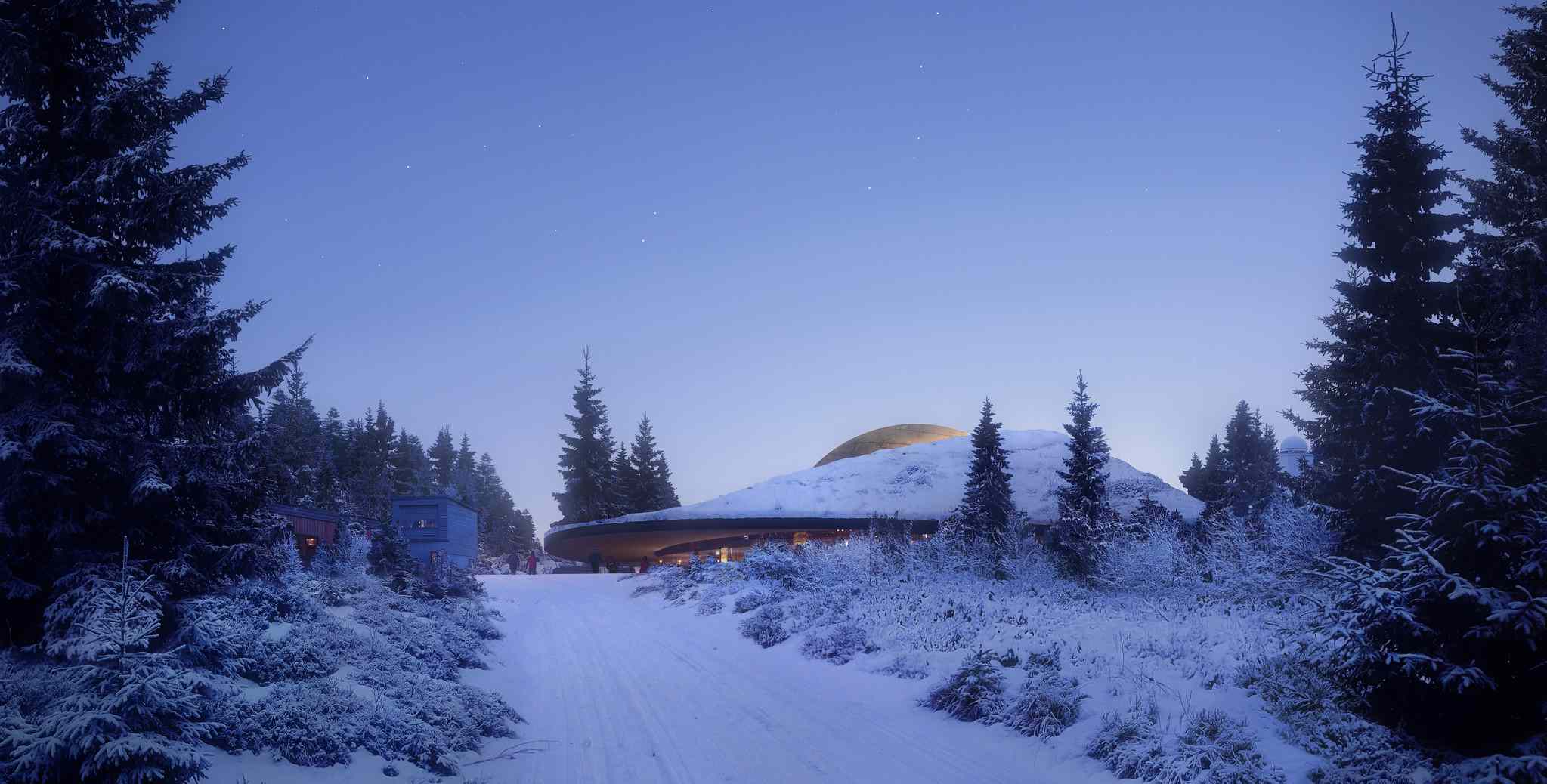 白雪覆盖的修订Solobservatoriet天文馆Harestua,挪威
