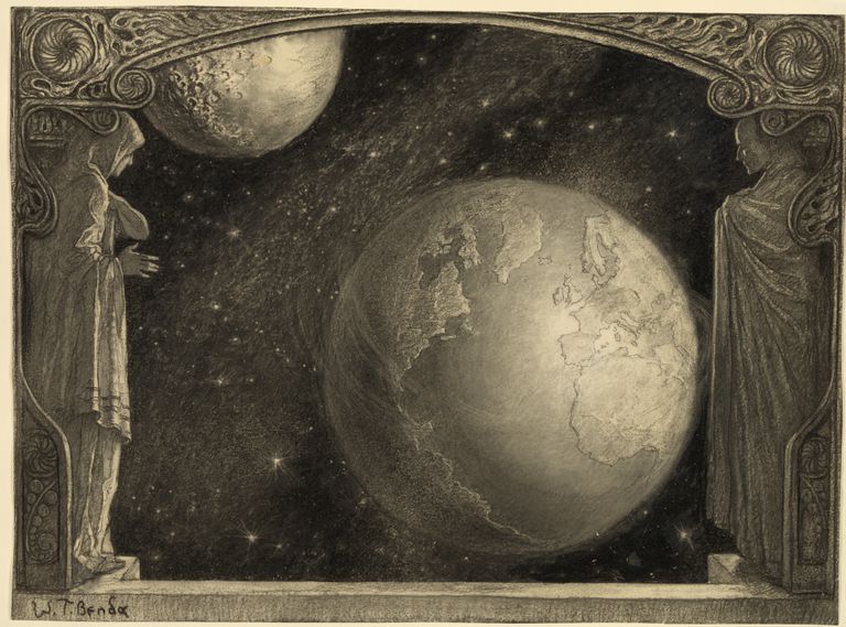 Wladyslaw T. Benda绘制的地球、银河和月亮
