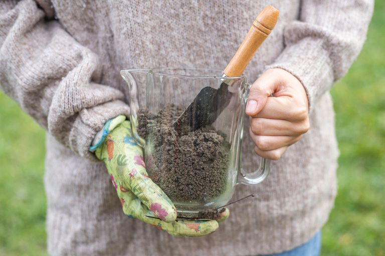 棕色毛衣中的园丁容纳新鲜土壤和花园堆肥的玻璃罐头