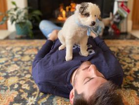 作者的儿子抱着一只名叫伯纳德的抱树者收养的小狗。