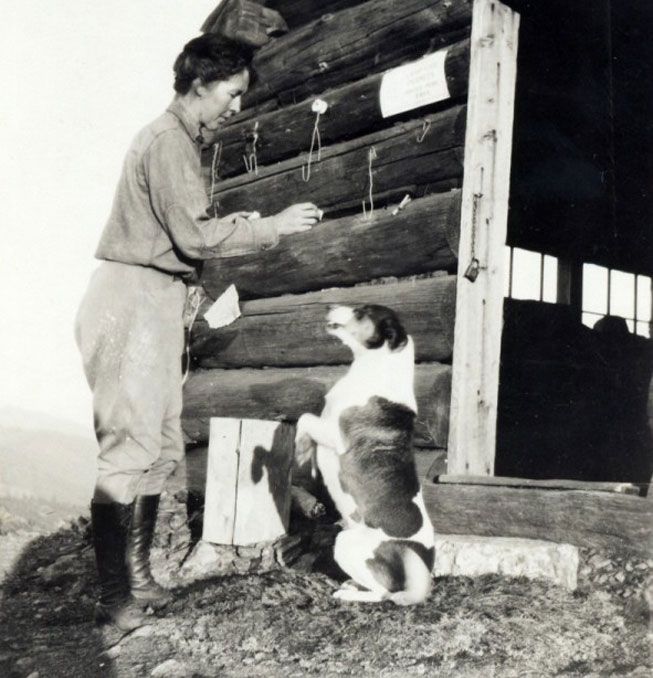 哈利·达格特（Hallie Daggett）是第一位女性森林服务现场官员，与她的狗在克拉马斯峰（Klamath Peak）的埃迪·峡谷（Eddy Gulch）站一起玩。