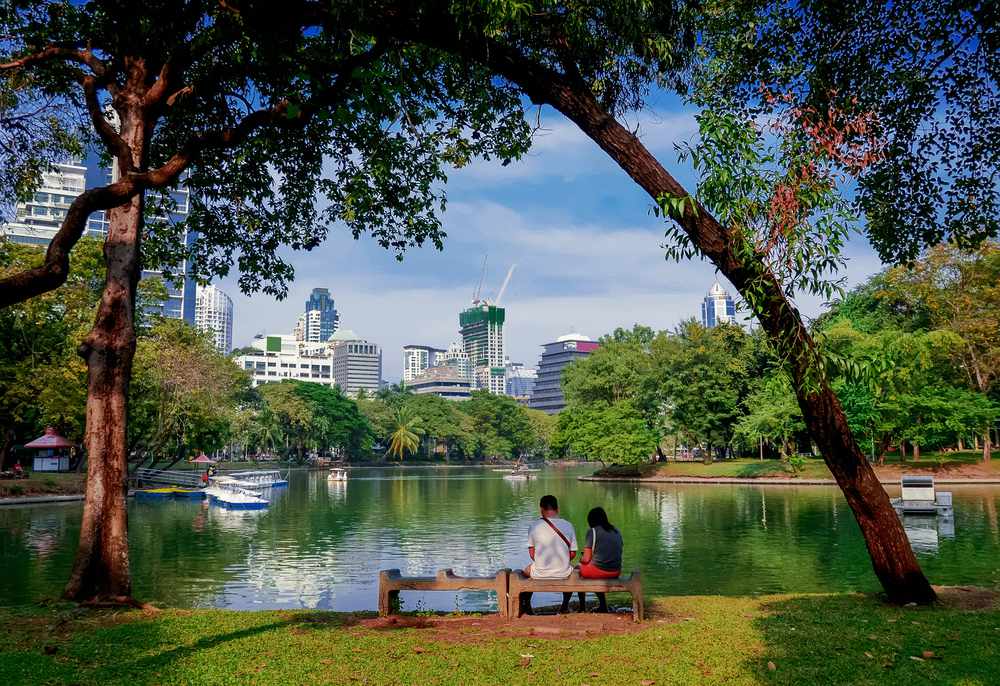 隆菲尼公园的湖泊和树荫与曼谷的城市在远处