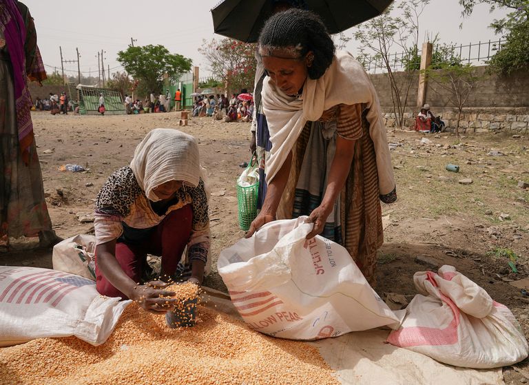 援助工作人员在6021年6月16日在埃塞俄比亚的梅卡内队的援助运营，在埃塞俄比亚2021年6月16日在埃塞俄比亚举行的援助运营，援助工人将黄色扁豆的居民分发给Geha Subcity的居民。