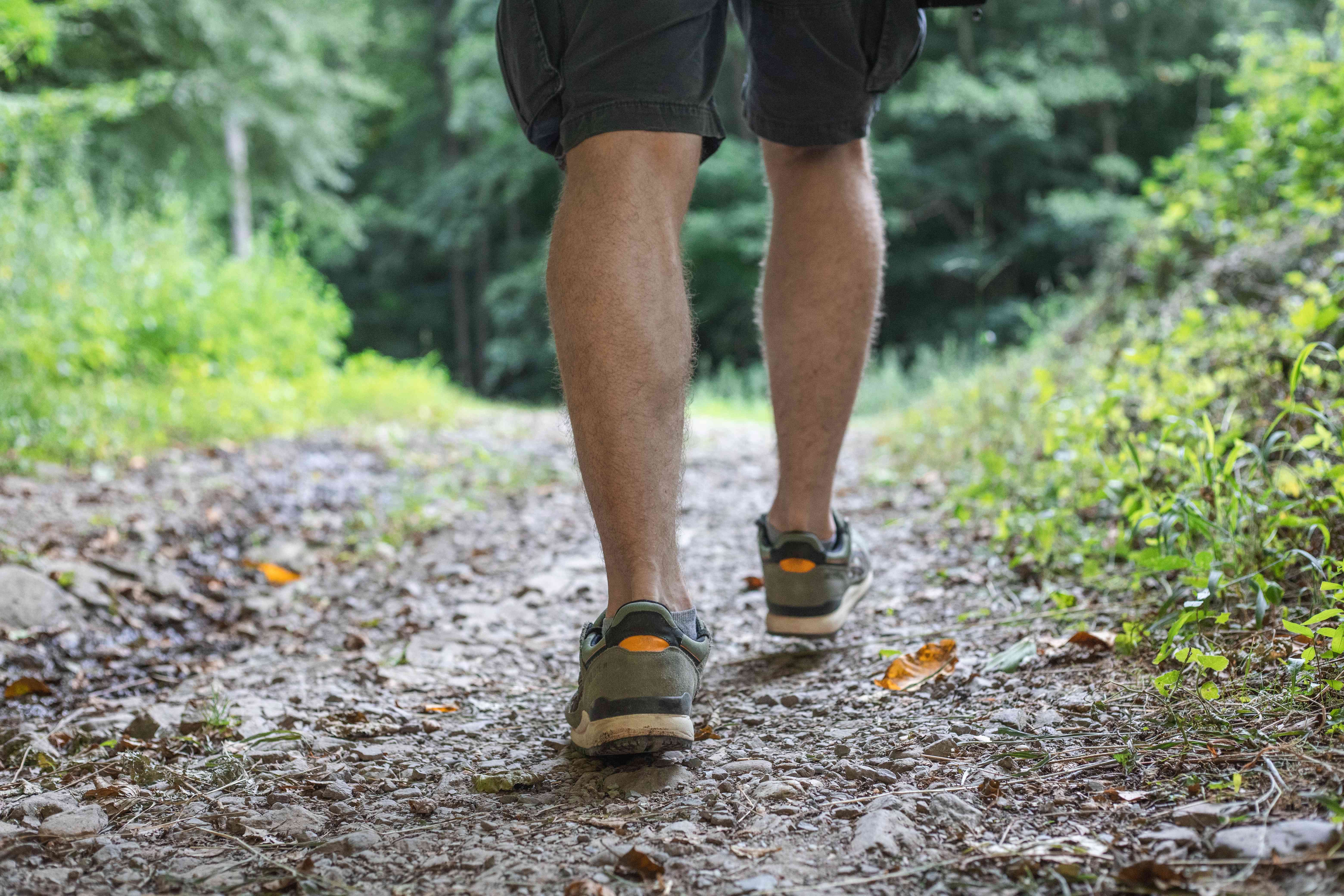 一个穿着跑步鞋和短裤的人沿着徒步小径走向森林＂width=
