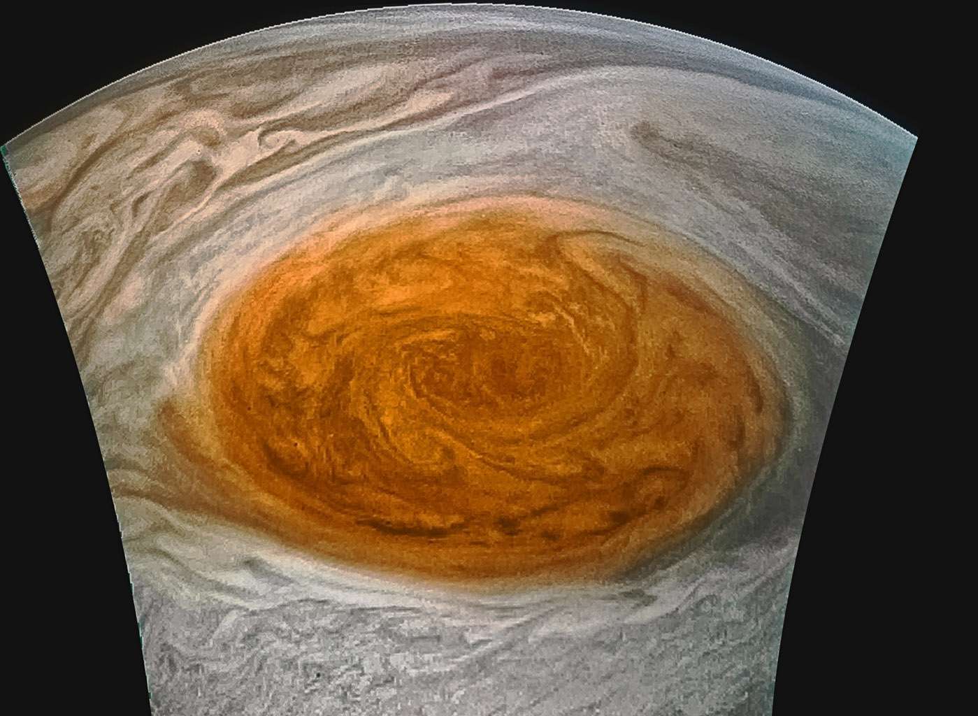 朱诺相机拍摄的木星大红斑的增强图像